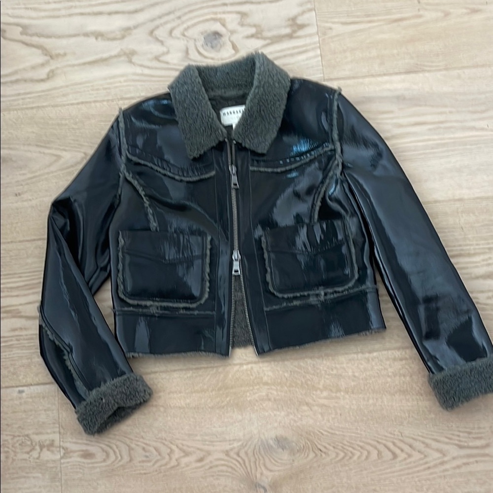 ANTHROPOLOGIE MARRAKECH PATENT SHERPA BOMBER JACKET SIZE: XS